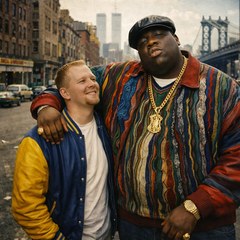 Illustration of Brenton Johnson and Biggie Smalls together in a 1990s New York street scene