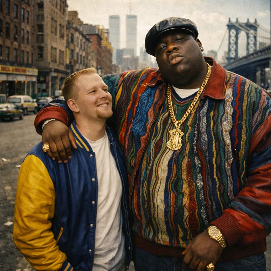 Illustration of a 1990s New York street scene with Biggie Smalls
