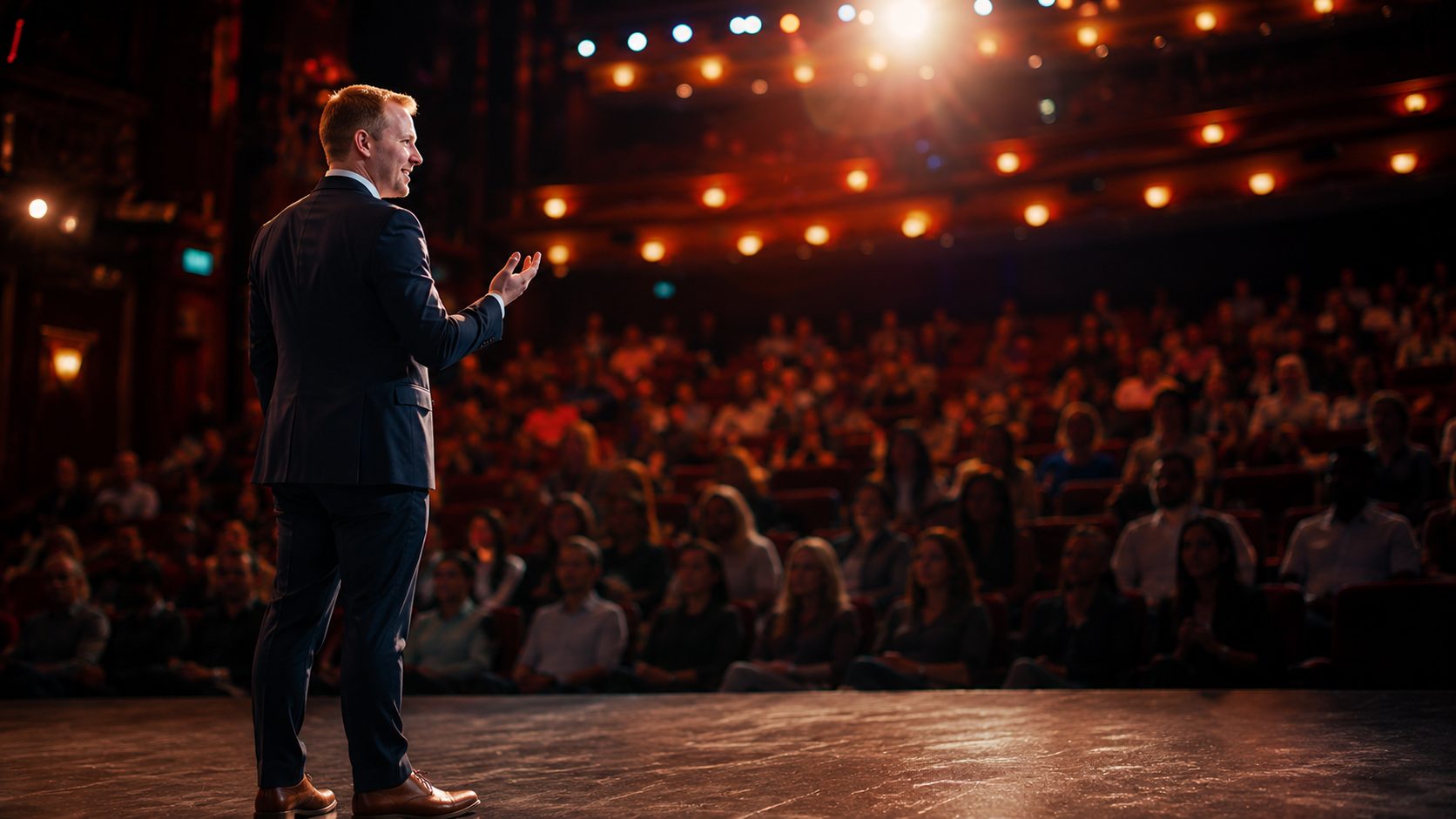 Brenton Johnson speaking on stage to a theatre audience